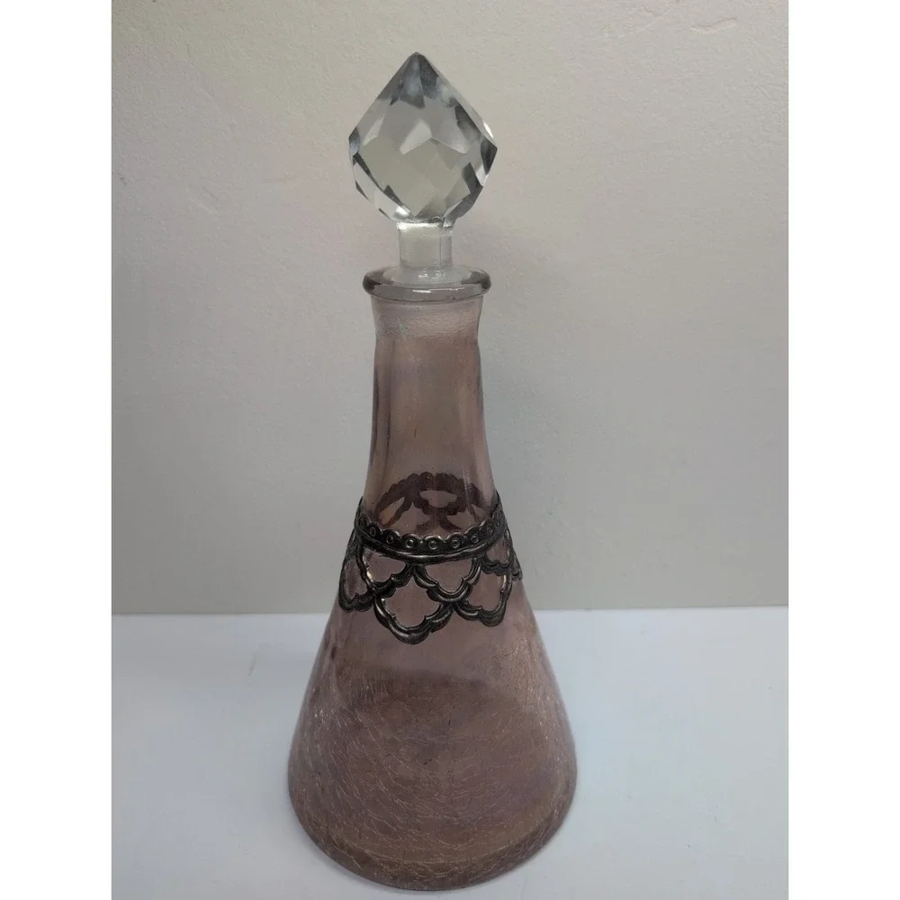 Vintage Decanter‎ Pink Crackle Glass w/ Detailed Silver Overlay  11 In